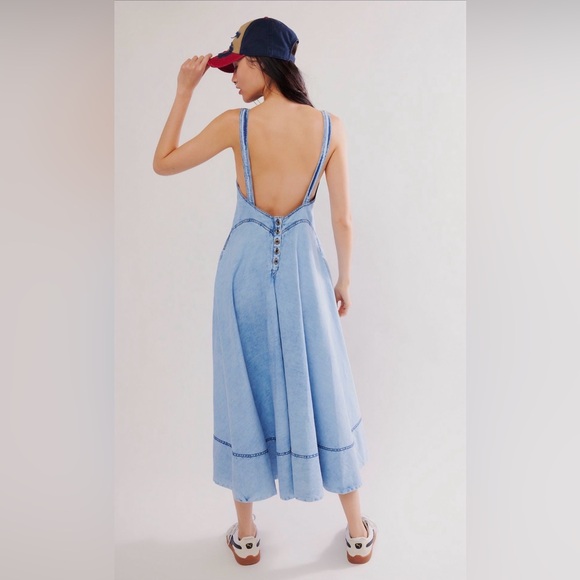 Free People Stars Align Midi Dress, Denim, Fit & Flare Dress, Blue, Size 4 - Picture 11 of 12